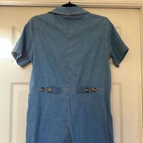 Denim Short Sleeve Button-Up Jumpsuit Stretch Jogger Style - Picture 3 of 11